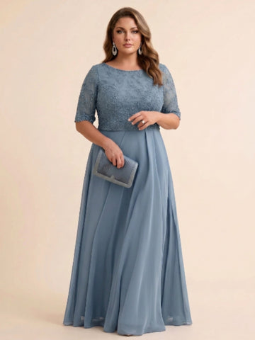 A-Line/Princess Scoop Half Sleeves Sequins Chiffon Floor-Length Plus Size Mother of the Bride Dresses