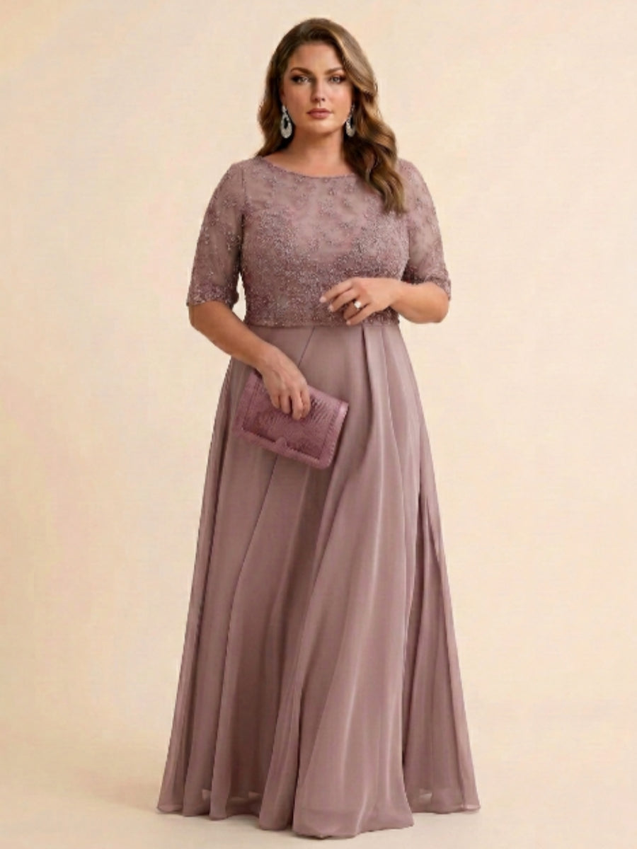 A-Line/Princess Scoop Half Sleeves Sequins Chiffon Floor-Length Plus Size Mother of the Bride Dresses