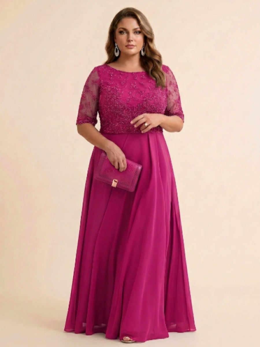 A-Line/Princess Scoop Half Sleeves Sequins Chiffon Floor-Length Plus Size Mother of the Bride Dresses