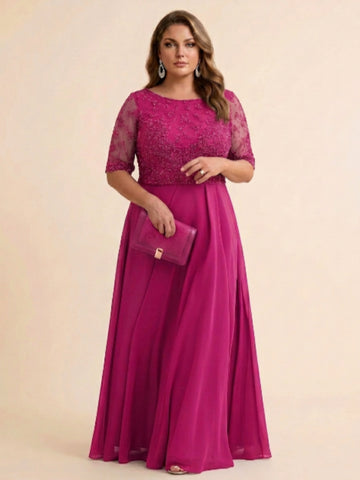 A-Line/Princess Scoop Half Sleeves Sequins Chiffon Floor-Length Plus Size Mother of the Bride Dresses