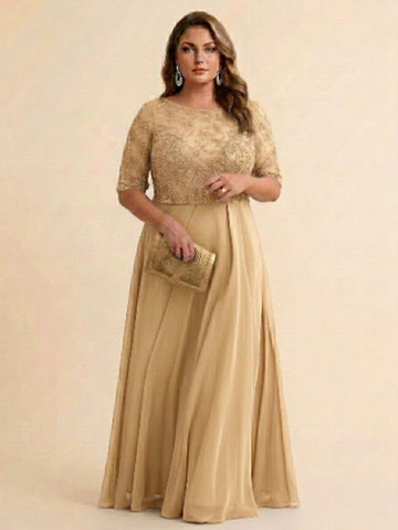 A-Line/Princess Scoop Half Sleeves Sequins Chiffon Floor-Length Plus Size Mother of the Bride Dresses