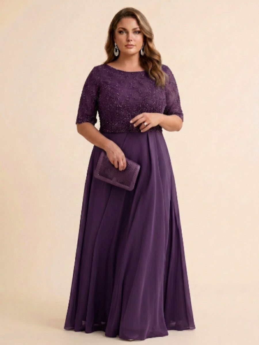 A-Line/Princess Scoop Half Sleeves Sequins Chiffon Floor-Length Plus Size Mother of the Bride Dresses