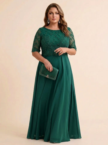 A-Line/Princess Scoop Half Sleeves Sequins Chiffon Floor-Length Plus Size Mother of the Bride Dresses
