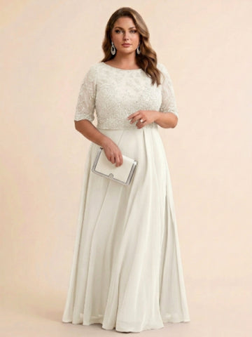 A-Line/Princess Scoop Half Sleeves Sequins Chiffon Floor-Length Plus Size Mother of the Bride Dresses