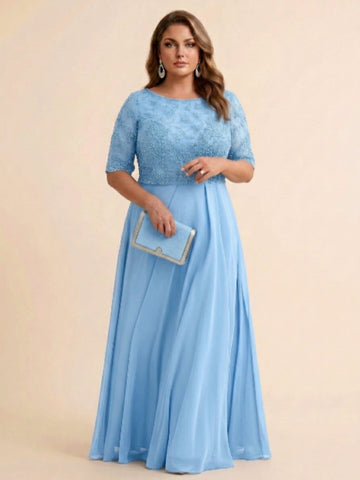 A-Line/Princess Scoop Half Sleeves Sequins Chiffon Floor-Length Plus Size Mother of the Bride Dresses