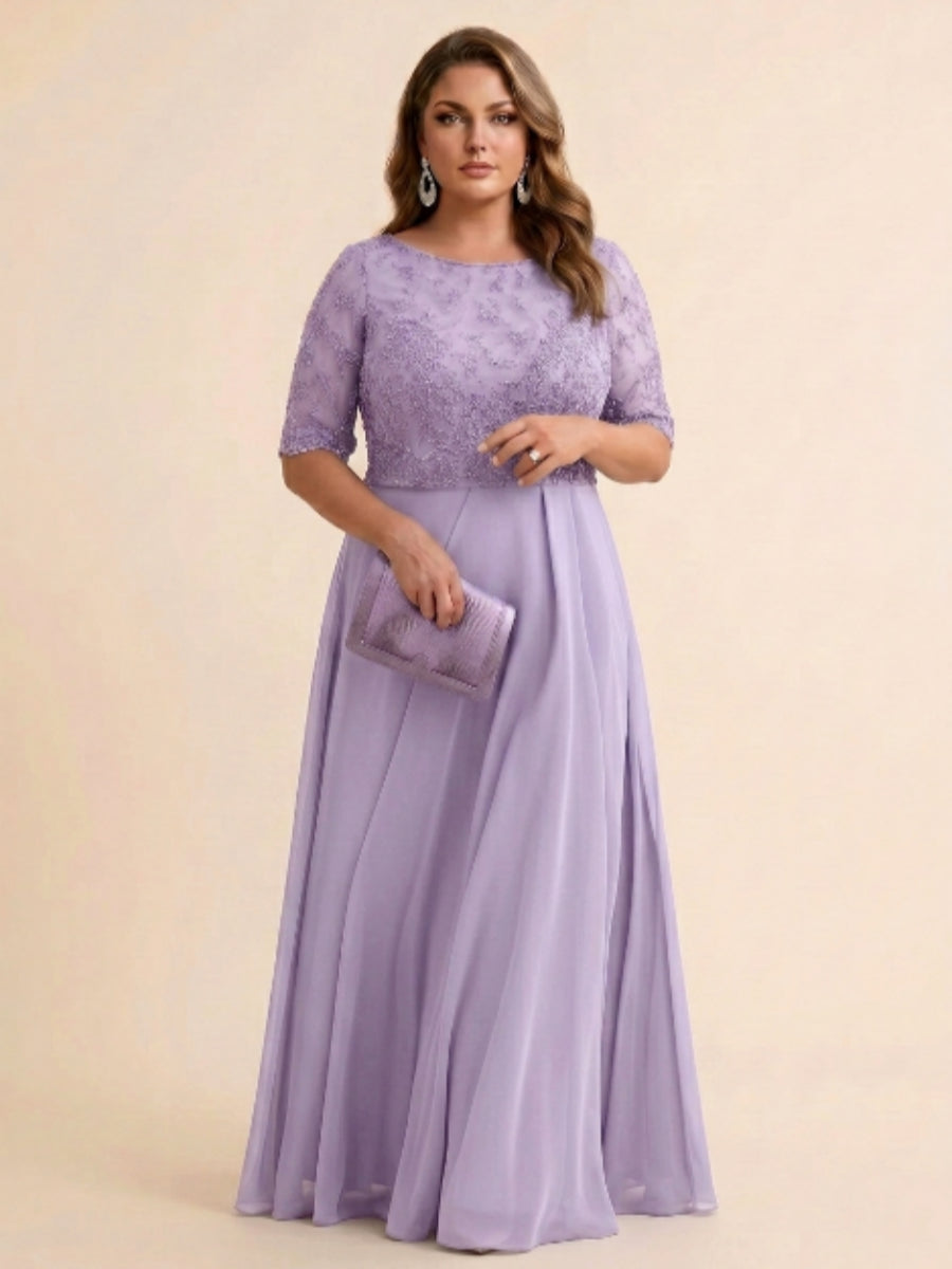 A-Line/Princess Scoop Half Sleeves Sequins Chiffon Floor-Length Plus Size Mother of the Bride Dresses
