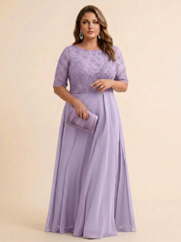 A-Line/Princess Scoop Half Sleeves Sequins Chiffon Floor-Length Plus Size Mother of the Bride Dresses