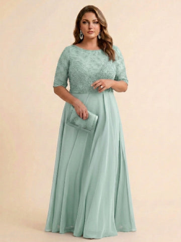 A-Line/Princess Scoop Half Sleeves Sequins Chiffon Floor-Length Plus Size Mother of the Bride Dresses
