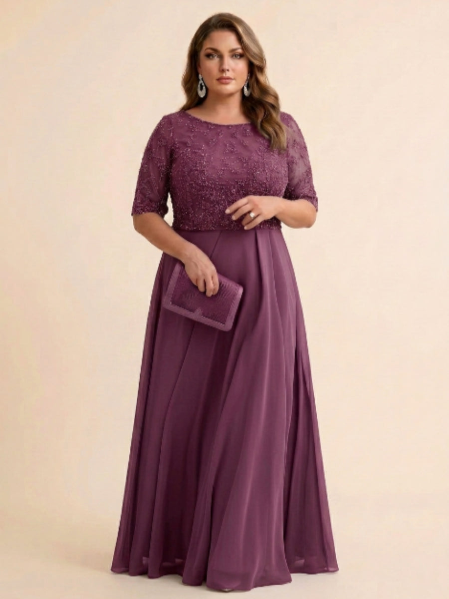 A-Line/Princess Scoop Half Sleeves Sequins Chiffon Floor-Length Plus Size Mother of the Bride Dresses