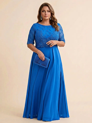 A-Line/Princess Scoop Half Sleeves Sequins Chiffon Floor-Length Plus Size Mother of the Bride Dresses