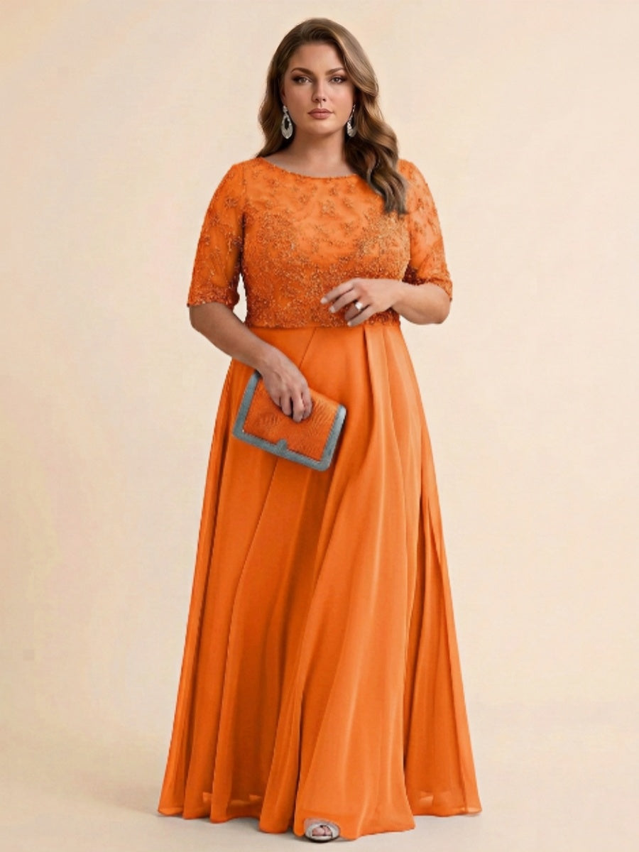 A-Line/Princess Scoop Half Sleeves Sequins Chiffon Floor-Length Plus Size Mother of the Bride Dresses