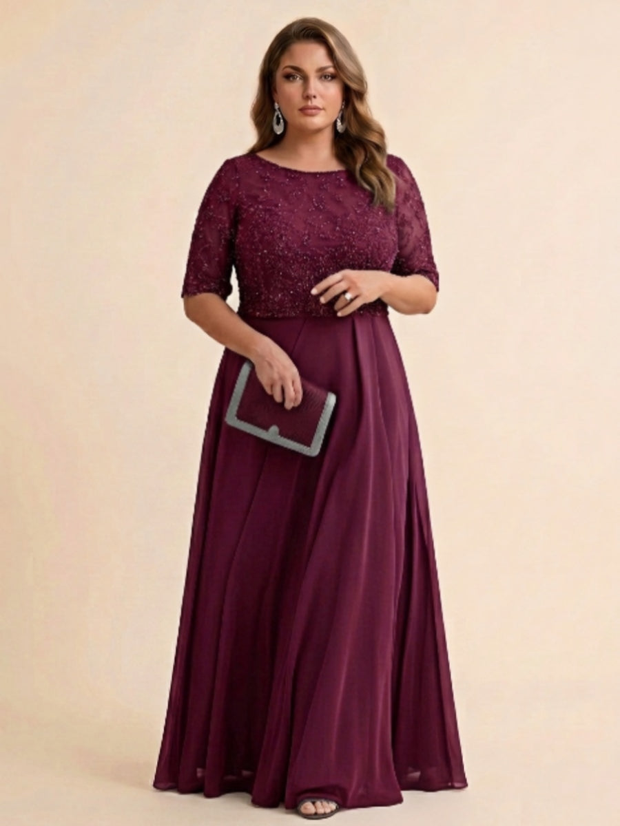 A-Line/Princess Scoop Half Sleeves Sequins Chiffon Floor-Length Plus Size Mother of the Bride Dresses