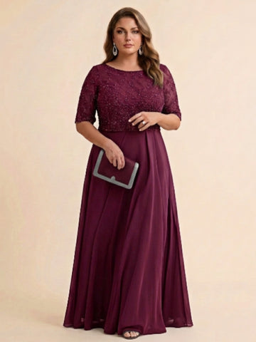 A-Line/Princess Scoop Half Sleeves Sequins Chiffon Floor-Length Plus Size Mother of the Bride Dresses