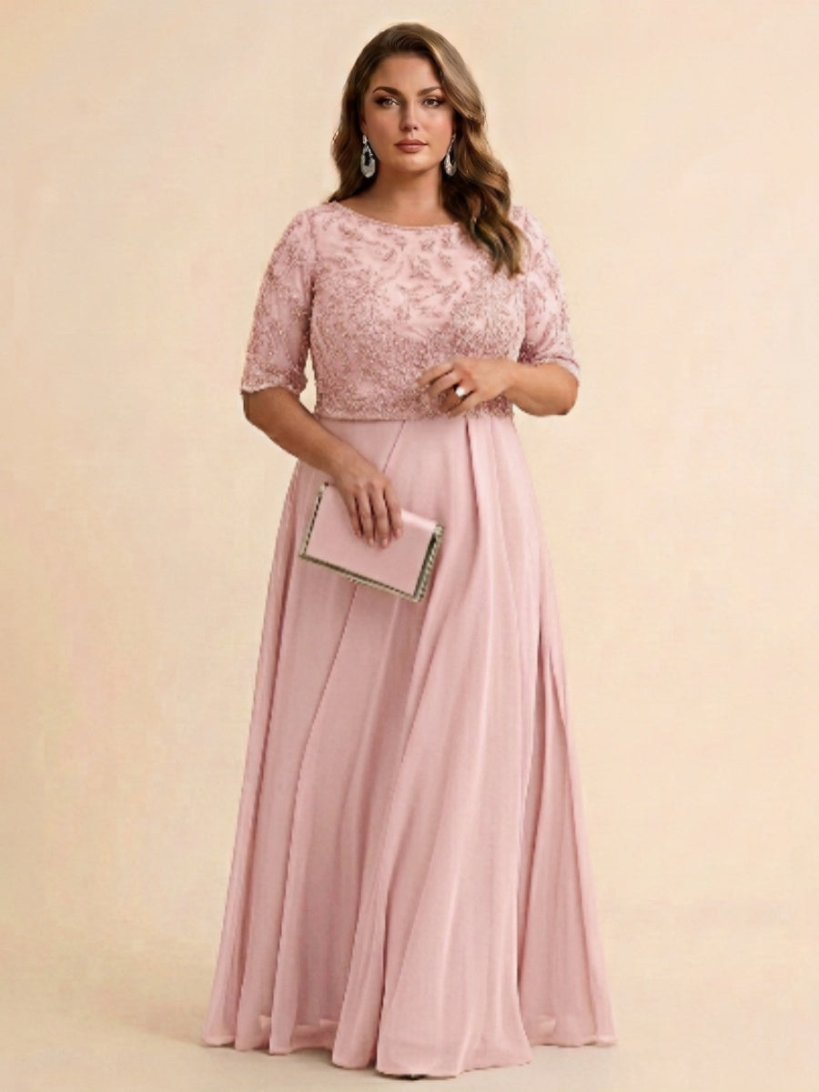 A-Line/Princess Scoop Half Sleeves Sequins Chiffon Floor-Length Plus Size Mother of the Bride Dresses