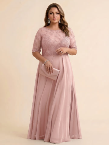 A-Line/Princess Scoop Half Sleeves Sequins Chiffon Floor-Length Plus Size Mother of the Bride Dresses