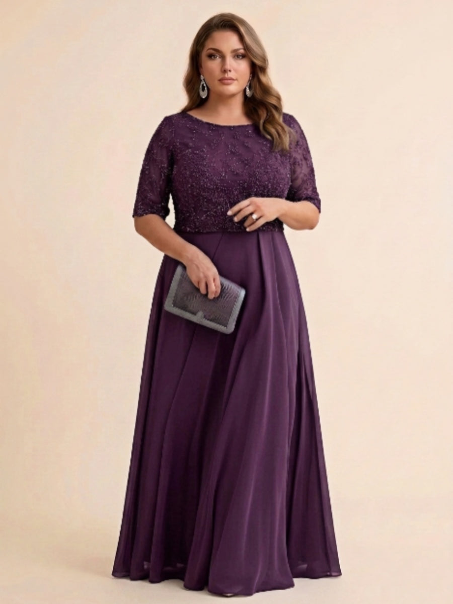 A-Line/Princess Scoop Half Sleeves Sequins Chiffon Floor-Length Plus Size Mother of the Bride Dresses