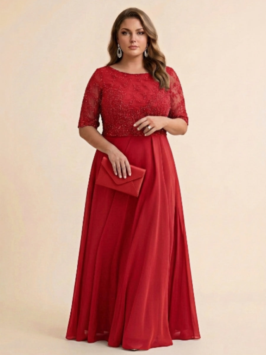 A-Line/Princess Scoop Half Sleeves Sequins Chiffon Floor-Length Plus Size Mother of the Bride Dresses