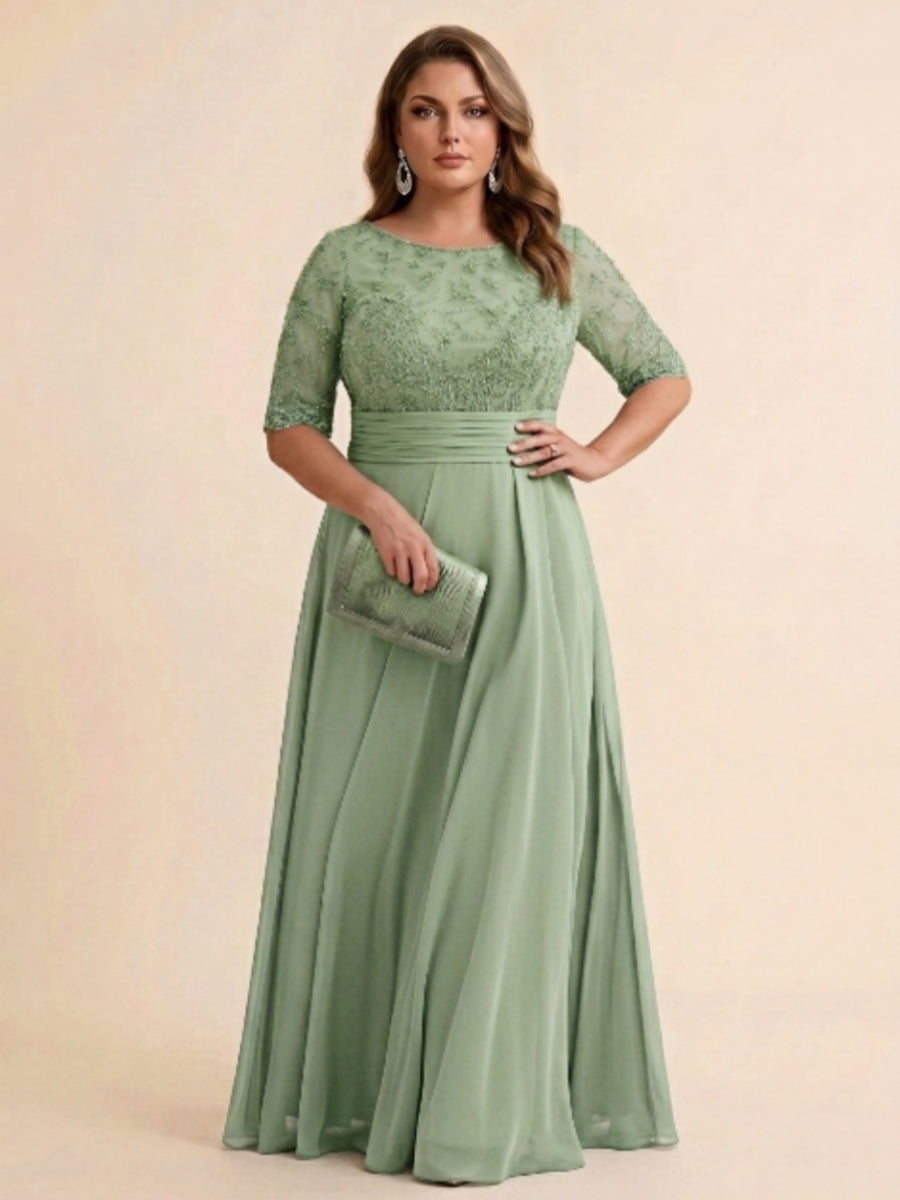 A-Line/Princess Scoop Half Sleeves Sequins Chiffon Floor-Length Plus Size Mother of the Bride Dresses