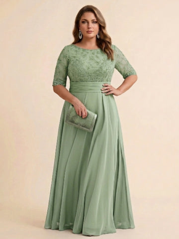 A-Line/Princess Scoop Half Sleeves Sequins Chiffon Floor-Length Plus Size Mother of the Bride Dresses