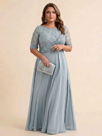 A-Line/Princess Scoop Half Sleeves Sequins Chiffon Floor-Length Plus Size Mother of the Bride Dresses