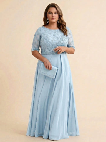 A-Line/Princess Scoop Half Sleeves Sequins Chiffon Floor-Length Plus Size Mother of the Bride Dresses