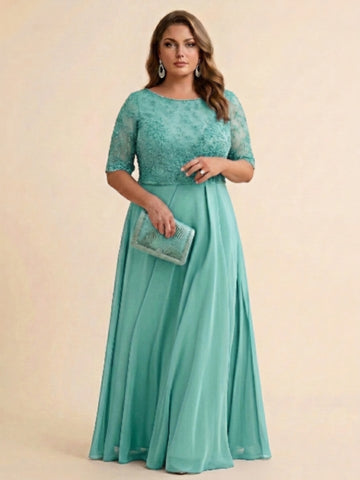 A-Line/Princess Scoop Half Sleeves Sequins Chiffon Floor-Length Plus Size Mother of the Bride Dresses