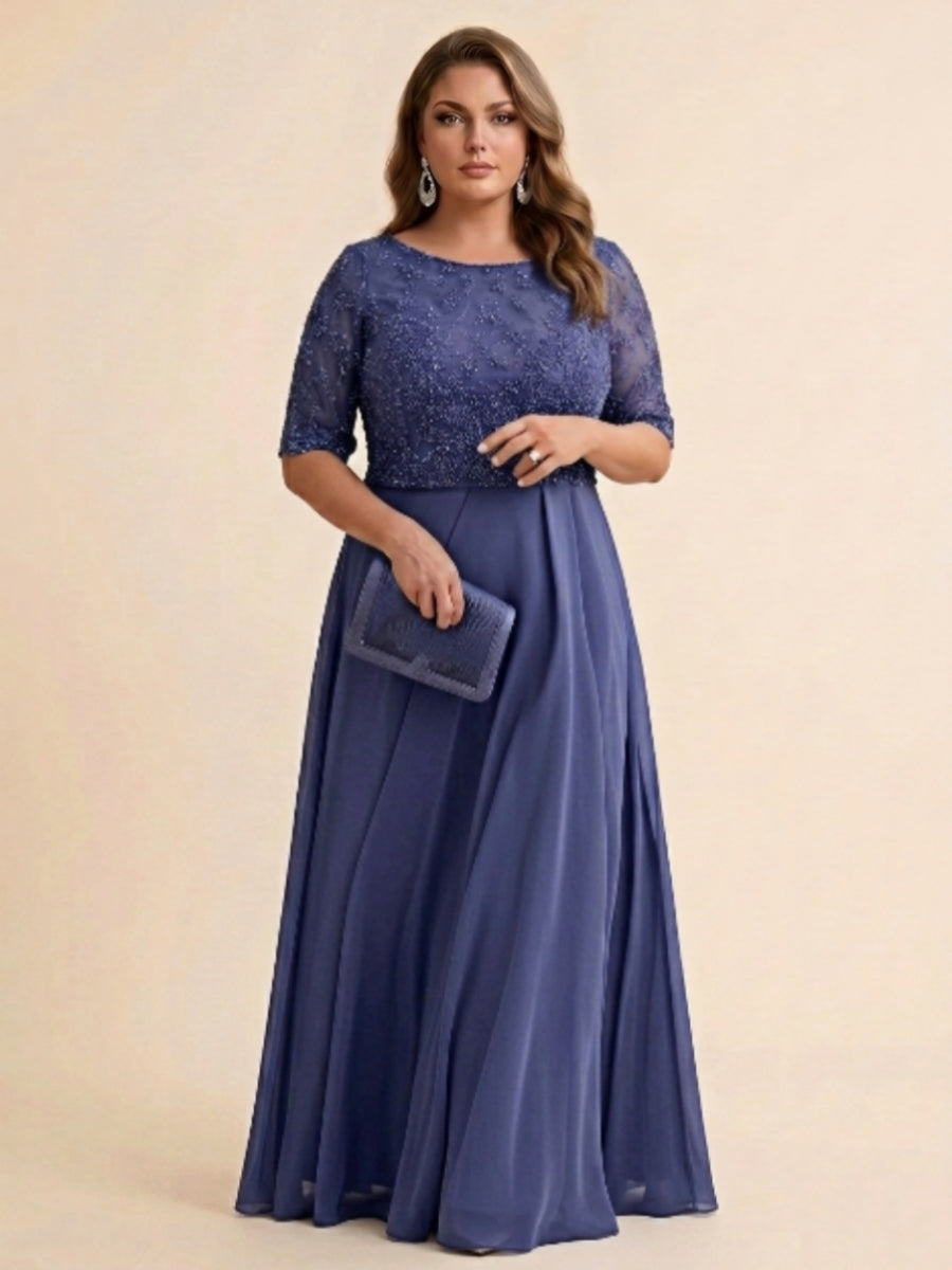A-Line/Princess Scoop Half Sleeves Sequins Chiffon Floor-Length Plus Size Mother of the Bride Dresses