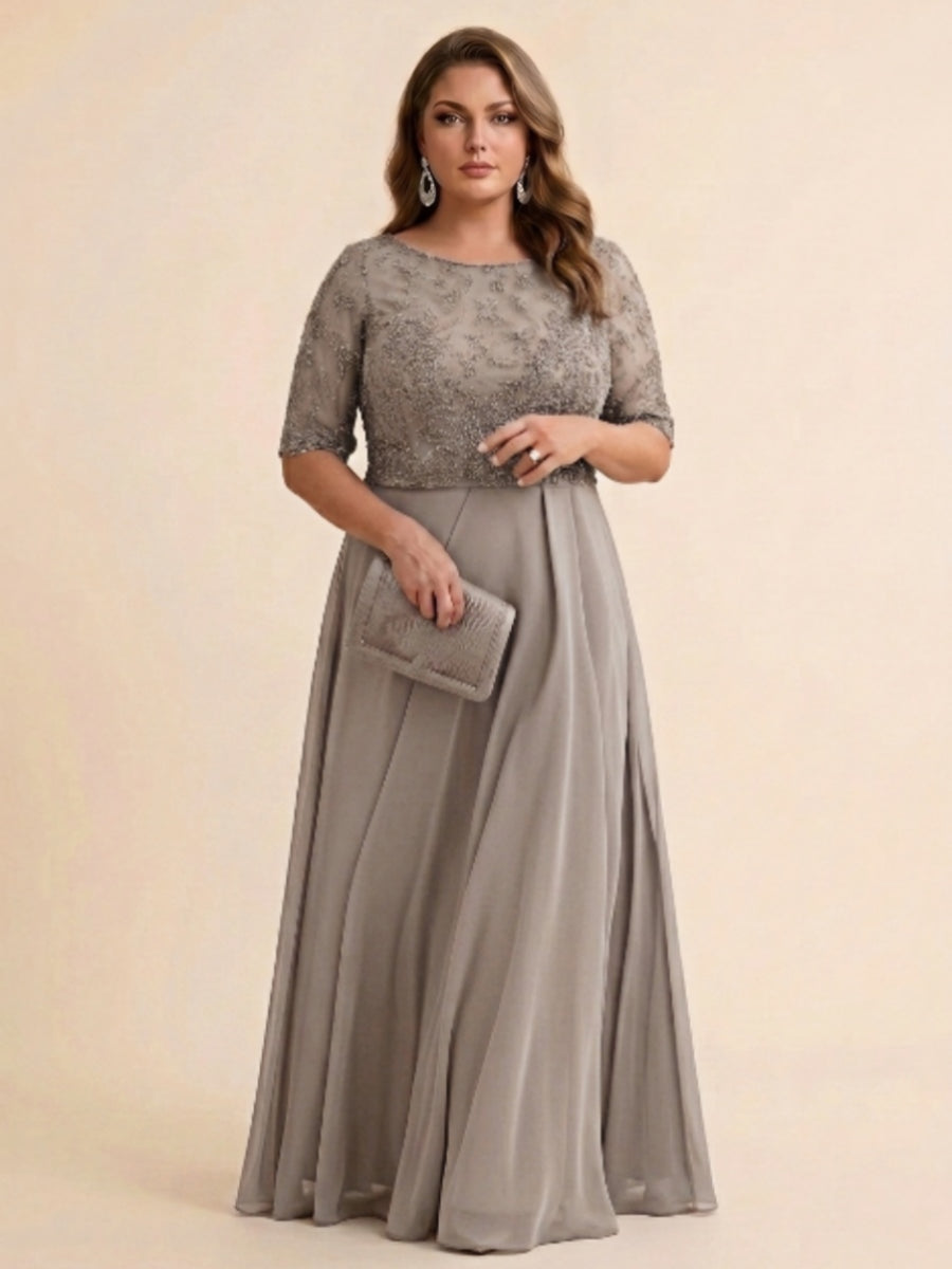 A-Line/Princess Scoop Half Sleeves Sequins Chiffon Floor-Length Plus Size Mother of the Bride Dresses