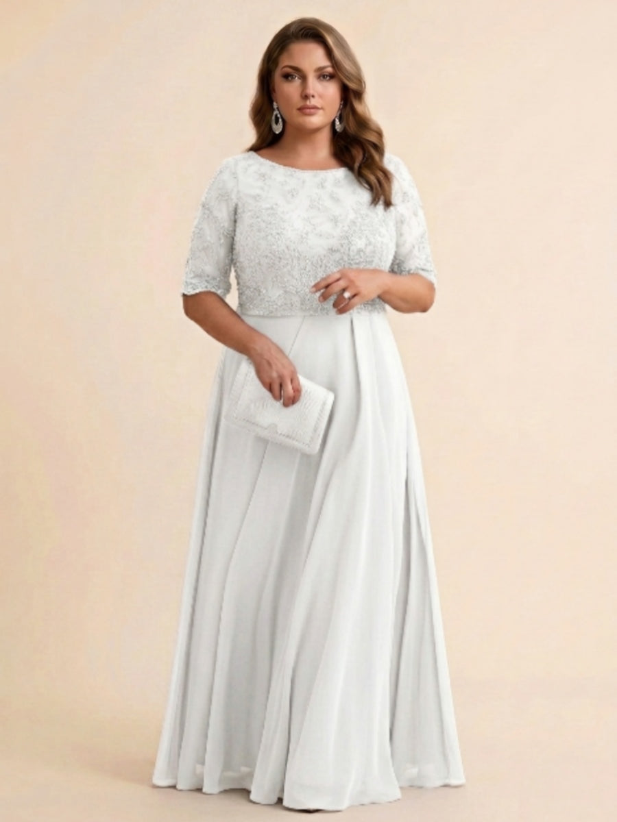 A-Line/Princess Scoop Half Sleeves Sequins Chiffon Floor-Length Plus Size Mother of the Bride Dresses