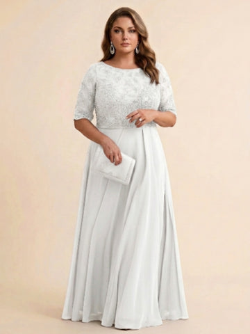 A-Line/Princess Scoop Half Sleeves Sequins Chiffon Floor-Length Plus Size Mother of the Bride Dresses