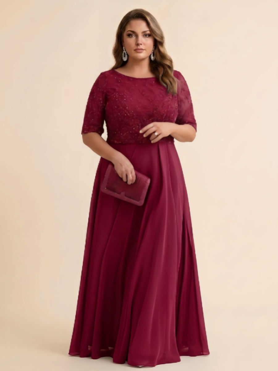 A-Line/Princess Scoop Half Sleeves Sequins Chiffon Floor-Length Plus Size Mother of the Bride Dresses
