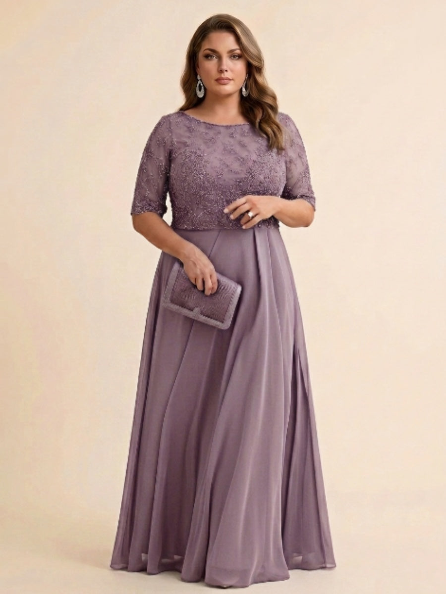 A-Line/Princess Scoop Half Sleeves Sequins Chiffon Floor-Length Plus Size Mother of the Bride Dresses
