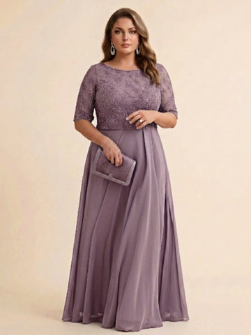 A-Line/Princess Scoop Half Sleeves Sequins Chiffon Floor-Length Plus Size Mother of the Bride Dresses