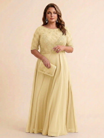 A-Line/Princess Scoop Half Sleeves Sequins Chiffon Floor-Length Plus Size Mother of the Bride Dresses