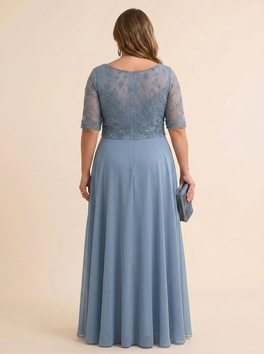 A-Line/Princess Scoop Half Sleeves Sequins Chiffon Floor-Length Plus Size Mother of the Bride Dresses