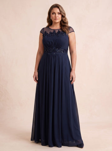 A-Line/Princess Scoop Short Sleeves Beaded Chiffon Floor-Length Plus Size Mother of the Bride Dresses
