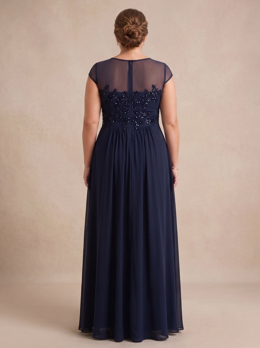 A-Line/Princess Scoop Short Sleeves Beaded Chiffon Floor-Length Plus Size Mother of the Bride Dresses