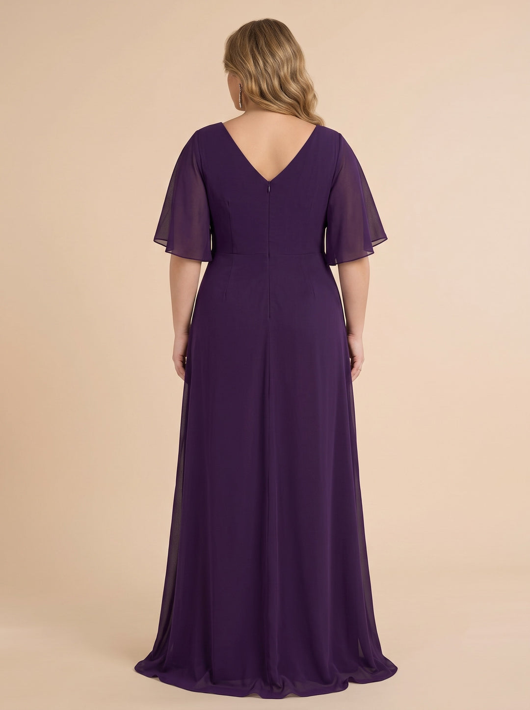 A-Line/Princess V-Neck Half Sleeves Slit Chiffon Floor-Length Plus Size Mother of the Bride Dresses