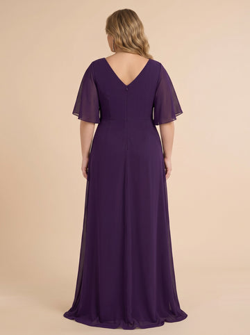 A-Line/Princess V-Neck Half Sleeves Slit Chiffon Floor-Length Plus Size Mother of the Bride Dresses