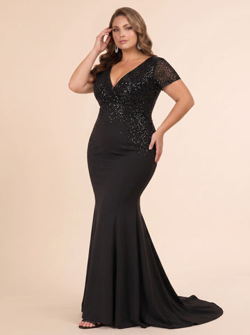 Trumpet/Mermaid V-Neck Short Sleeves Sequins Stretch Satin Floor-Length Plus Size Mother of the Bride Dresses