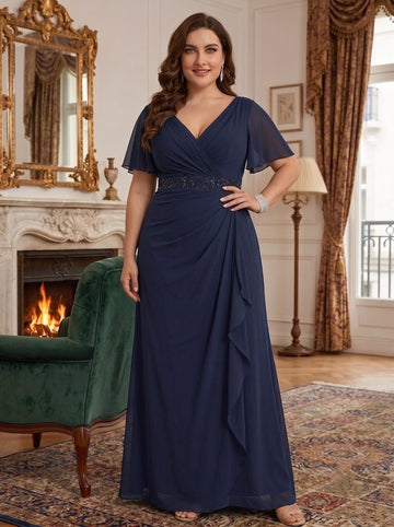 A-Line/Princess V-Neck Short Sleeves Ruched Ruffles Chiffon Floor-Length Plus Size Mother of the Bride Dresses