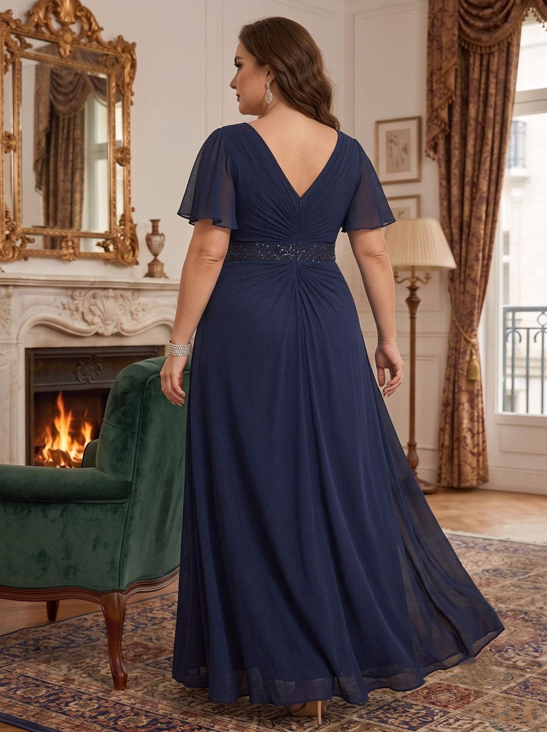 A-Line/Princess V-Neck Short Sleeves Ruched Ruffles Chiffon Floor-Length Plus Size Mother of the Bride Dresses