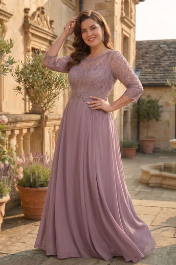 A-Line/Princess Scoop 3/4 Sleeves Lace Chiffon Floor-Length Plus Size Mother of the Bride Dresses