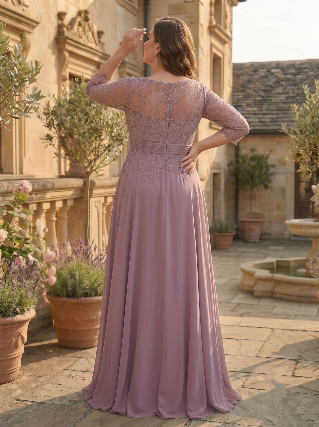 A-Line/Princess Scoop 3/4 Sleeves Lace Chiffon Floor-Length Plus Size Mother of the Bride Dresses