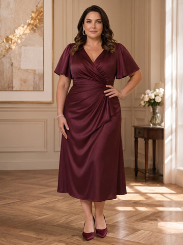 A-Line/Princess V-Neck Short Sleeves Ruched Satin Tea-Length Plus Size Mother of the Bride Dresses