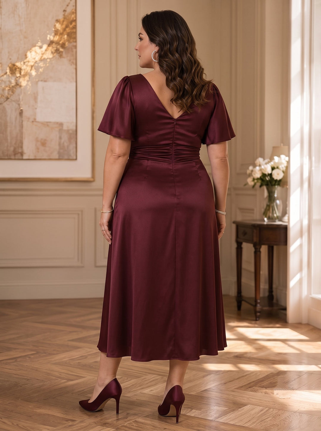 A-Line/Princess V-Neck Short Sleeves Ruched Satin Tea-Length Plus Size Mother of the Bride Dresses