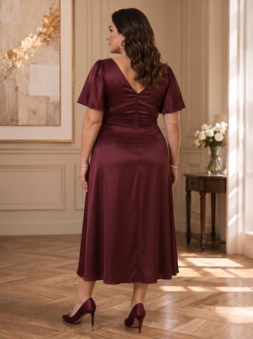 A-Line/Princess V-Neck Short Sleeves Ruched Satin Tea-Length Plus Size Mother of the Bride Dresses