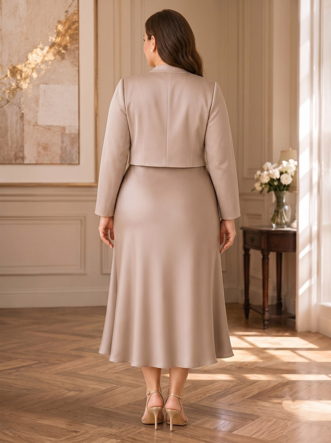 A-Line/Princess Strapless Sleeveless Jacket Satin Tea-Length Plus Size Mother of the Bride Dresses