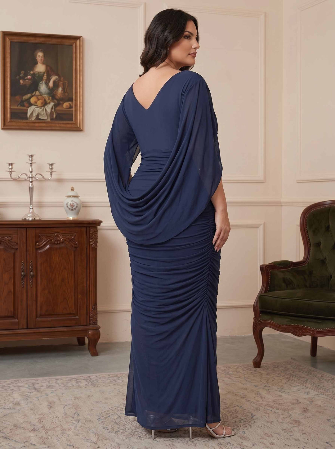 Sheath/Column Chiffon Navy V-Neck Sleeveless Mesh Cape Ankle-Length Plus Size Mother of the Bride Dresses