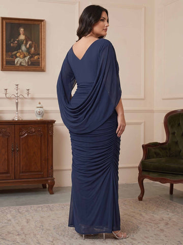 Sheath/Column Chiffon Navy V-Neck Sleeveless Mesh Cape Ankle-Length Plus Size Mother of the Bride Dresses